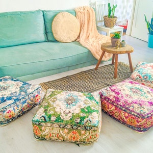 Gestopftes Marokkanisches Bodenkissen - 60x60x20cm - Quadratisches Meditationskissen - Boho Décor Pouf Ottomane