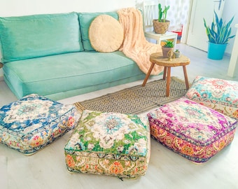 Stuffed Moroccan Floor Cushion  - 60x60x20cm - Square Meditation Pillow - Bohemian Décor Pouf Ottoman
