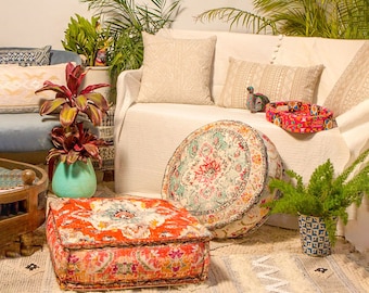 Moroccan Floor Cushion Cover: Boho Cotton Pouf Ottoman (24x8")