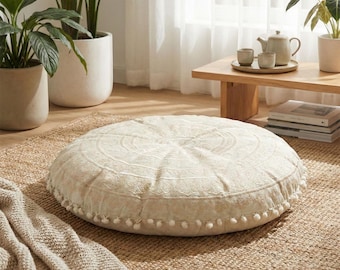 Boho Chic Meditation Cushion Cover: Beige Mandala Floor Pillow with Pompon - 24"