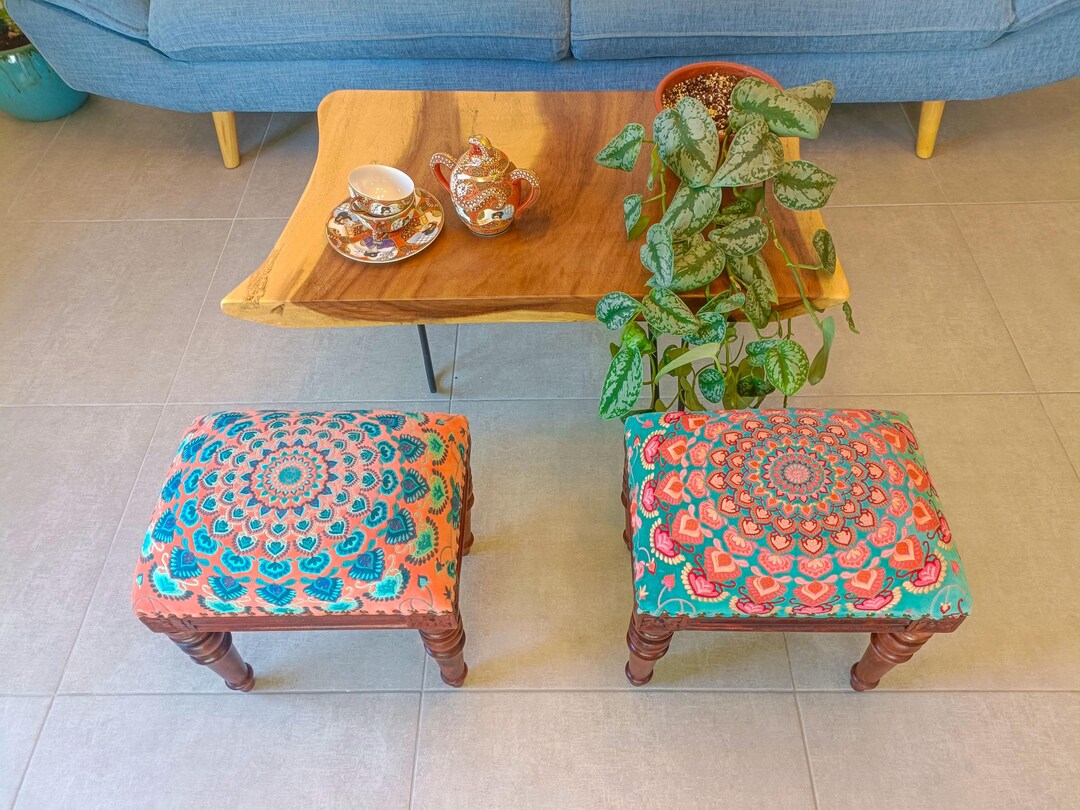 Decorative Footstool With Mango Wood Frame and Velvet Embroidered ...