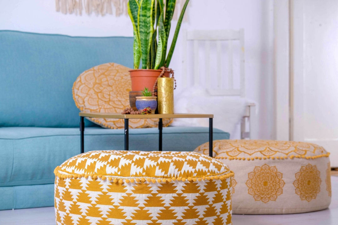 Golden Bohemian Pouf Cover Gold Room Décor Pouffe Ottoman Boho Chic Seating  Area Pillow Case 