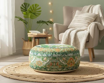 Round Moroccan Pouf Ottoman -  Floor Cushion Cover - Meditation Pillow Case - Printed Cotton Rug Pouf