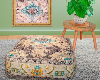 Boho Chic Floor Pouf Cover: Bohemian Cotton Cushion (24x8")