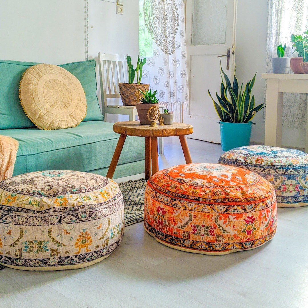 Stuffed Moroccan Pouf Round Decor Meditation Floor Pillow Digital