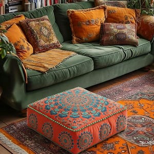 May include: A square floor cushion featuring a vibrant orange fabric with intricate teal and blue mandala patterns and green piping along the edges. The cushion sits on a patterned rug in front of a dark green sofa adorned with several orange pillows.