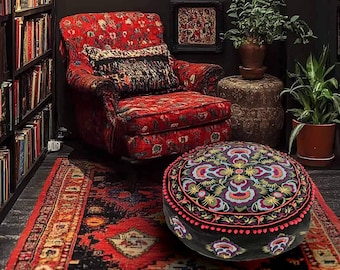Boho Velvet Pouf Cover – Black Ottoman Slipcover for Foot Stool & Floor Cushion