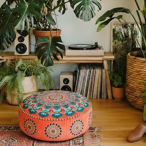 Colorful Pouf Ottoman Cover: Luxury Velvet Embroidered Large Floor Pillow 24x24x8"(60x60x20cm)