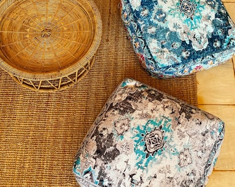 Set of 2 Bohemian Floor Pouf Covers: Square Vintage Cotton Cushion