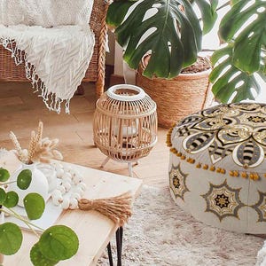 Round Cotton Pouf Cover – Mandala Embroidery Boho Floor Pillow & Foot Stool