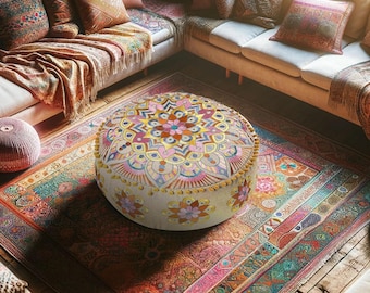 Embroidered Mandala Floor Cushion – Cotton Boho Pouf Cover Round 24x8 Inch