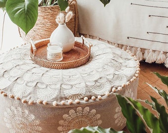 Cotton Mandala Embroidered Pouf Cover – Bohemian Round Floor Cushion