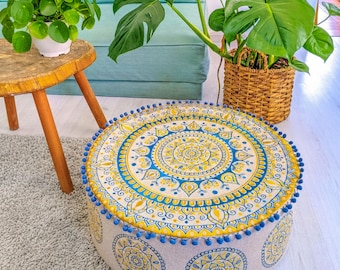 Bohemian Pouf Cover: Blue & Gold Embroidered  Meditation Pillow Cushion Seating