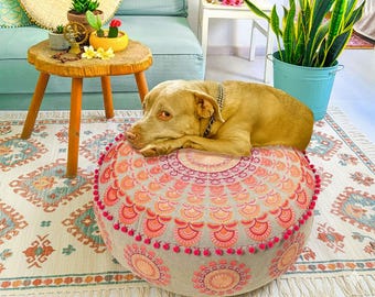 Bohemian Mandala Pouf Cover – Cotton Embroidered Round Ottoman for Room Decor
