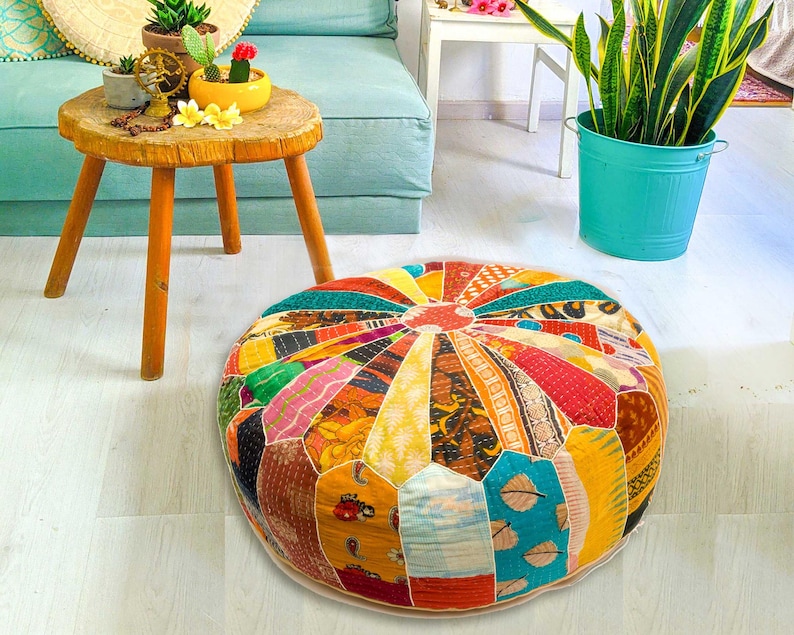 Boho Mandala Pouf Cover – Cotton Round Floor Pillow for Meditation & Room Decor Rengali