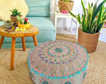 Fodera Per Cuscino Da Pavimento Rotondo 80 Cm | Cotone Blu Con Mandala, Pom Pom E Pizzo | Per Meditazione E Pouf