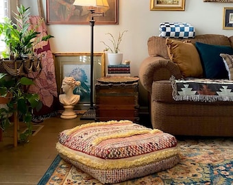 Stuffed/Cover Handwoven Moroccan Boho Pouf Cover – Square 24x24x8 in Ottoman from Cotton Wool Silk