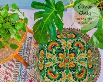 Moroccan Pouf Ottoman Cover – Green Velvet Bohemian Floor Cushion for Living Room