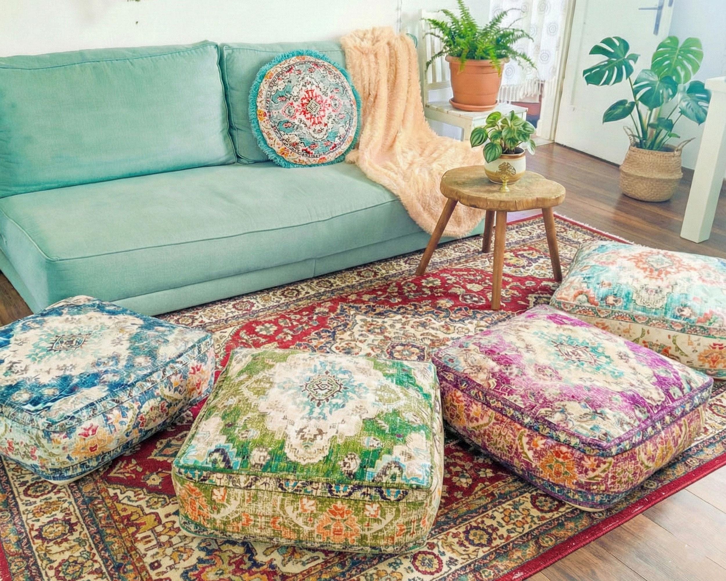 Bohemian Floor Pouf Cover: Vintage Moroccan Ottoman Pillow, 24x8