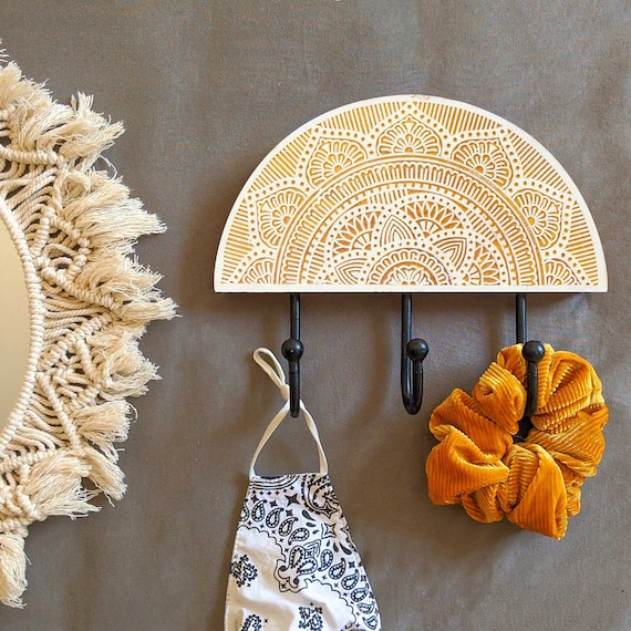 Boho Chic Decorative Key Hanger for Wall 3 Large Hooks Natural Raw Mango Wood Hand Curved Wooden Stamp With Metal Hook Jewelry Hanger Etsy