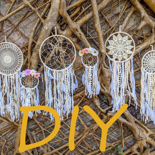 Bundle of 6 : DIY Dream Catcher Kits  -  Make Your  Own Bohemian Wall Hanging  - Creative Activity Set with Natural Materials
