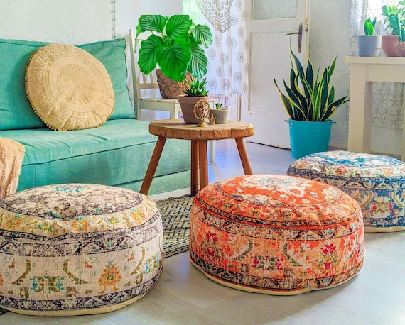 Moroccan Floor Cushion Cover: Round Cotton Foot Rest Pouf Ottoman