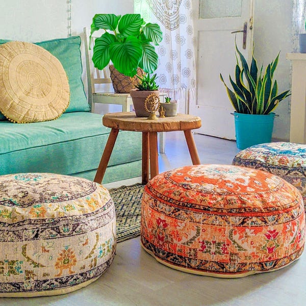 Moroccan Floor Cushion Cover: Round Cotton Foot Rest Pouf Ottoman Boho Decor Furniture 24x8