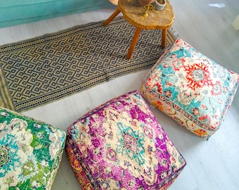 Boho Cotton Floor Pillow Cover: Square Meditation Pouf (24x24x8 in)