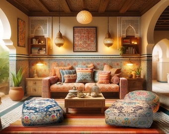 Boho Chic Moroccan Pouf Cover: Vintage Cotton Floor Pillow (24x8")