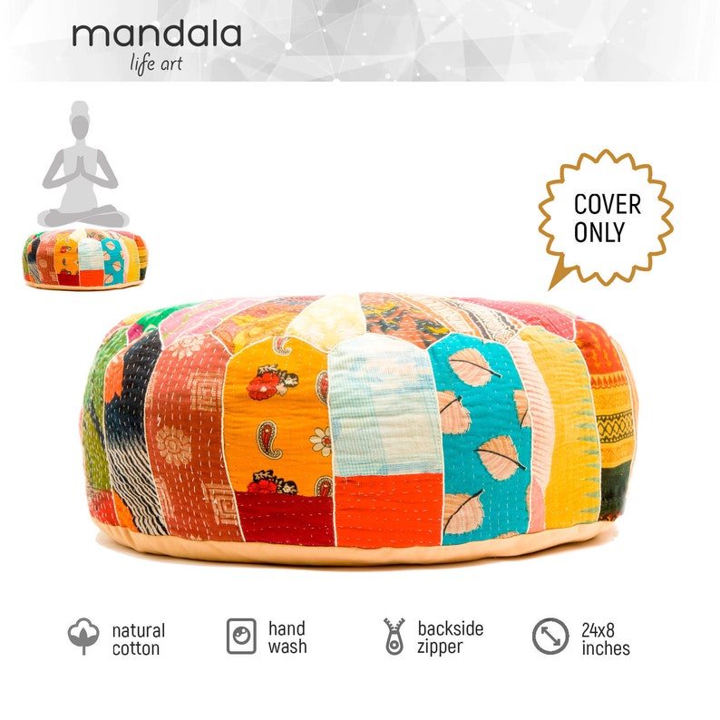 May include: A round, multi-colored patchwork floor cushion with a cream-colored base. The cushion is made of natural cotton and has a zipper closure. The cushion is 24 inches in diameter. "Cover Only" is written in a gold speech bubble.