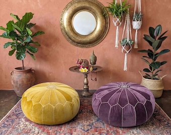 Moroccan Velvet Pouf Cover, Seed of Life Mandala Embroidery, Round Floor Ottoman, Boho Meditation Cushion