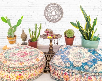 Boho Cotton Pouf Cover Set: Bohemian Floor Cushions (24x8)