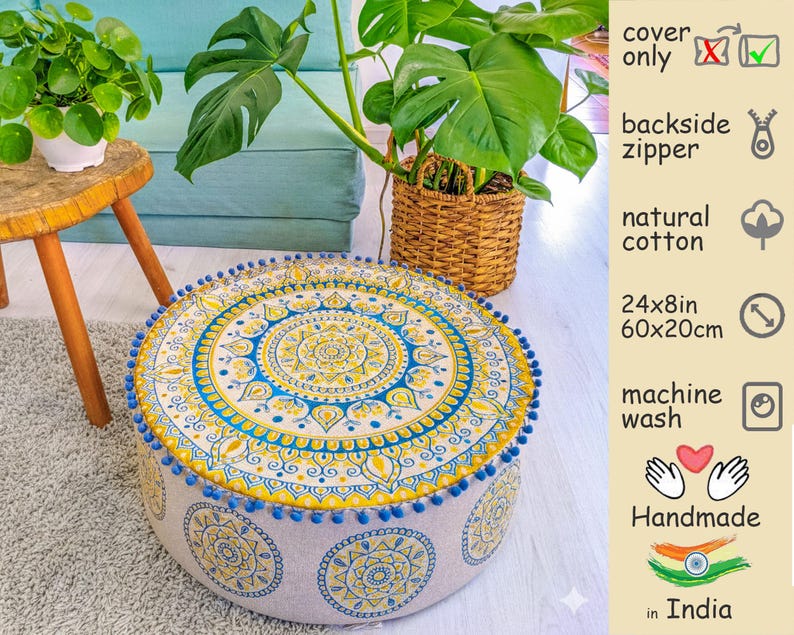 Boho Mandala Pouf Cover – Cotton Round Floor Pillow for Meditation & Room Decor image 10