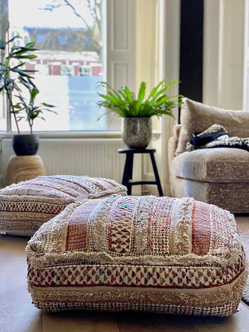 Moroccan Pouf Ottoman Cover Boho Floor Cushion Bohemian Lounge Etsy