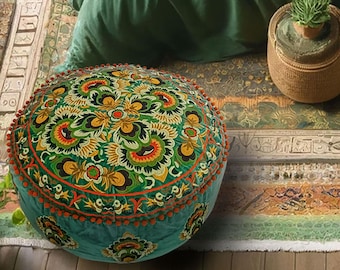 Velvet Floor Pouf Ottoman: Embroidered Boho Accent Pillow