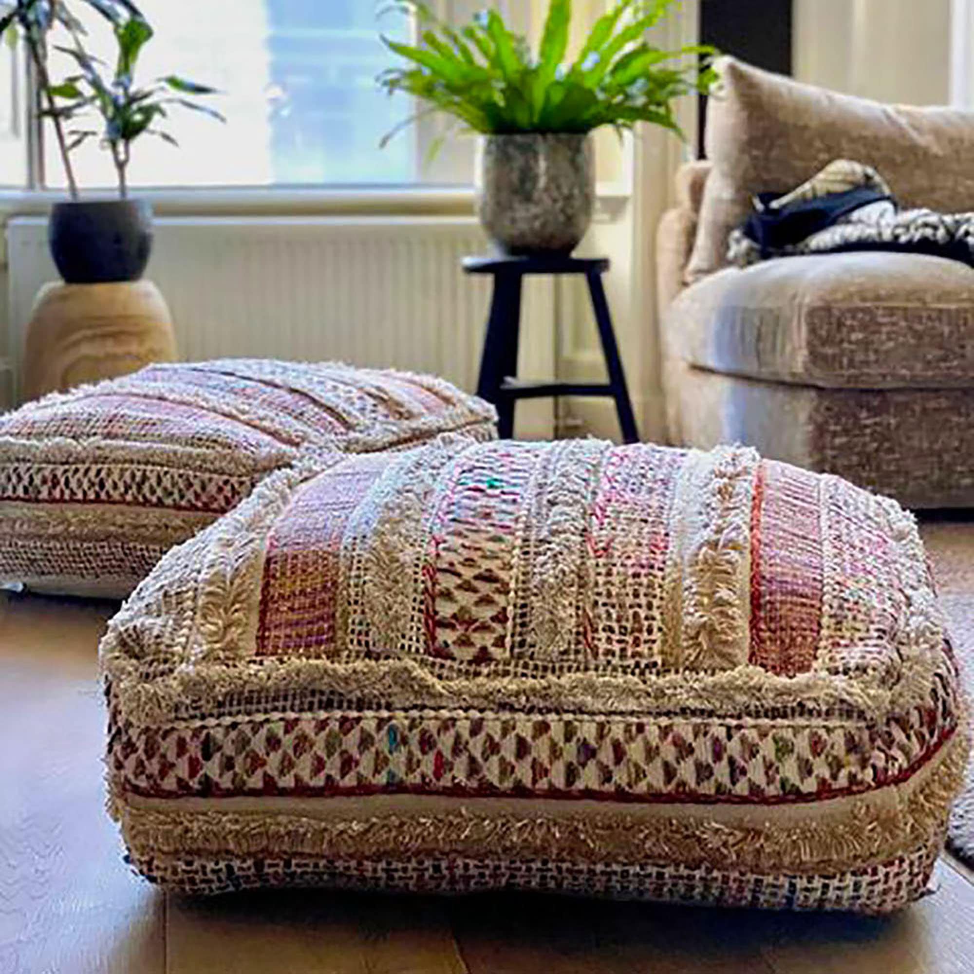 MOCOFO Unstuffed Round Pouf Covers Boho Colorful Geometric Ottoman Pouf  Cover with Handle Design,Decoration Footstool for Living Room,Bedroom,Patio