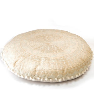 Meditation Cushion Cover with Pompon, Round Floor Pillow Slipcover, Beige Lounge Cushion, Boho Chic Zafu, Yoga Décor Accent