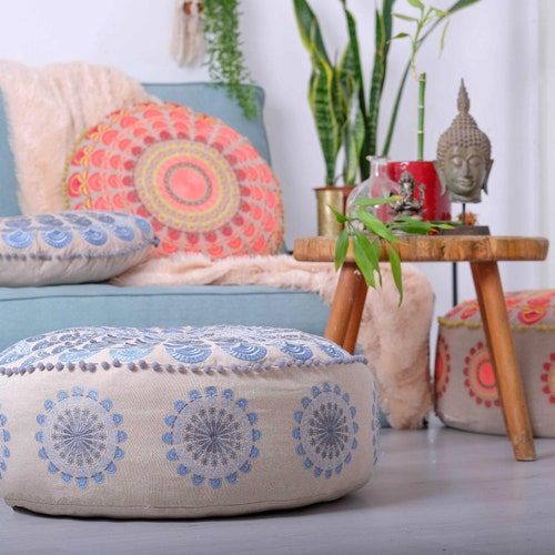 New Indian Pouf Cushion Cover Handmade Floor Ottoman Pillow Cases Round Bohemian 