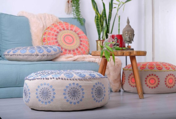 Large Pouf Ottoman COVER Round Floor Pillows for Kids Room Accent