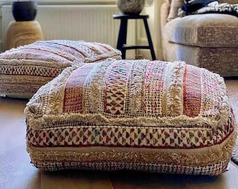 Artisan Stuffed Pouf – Hand-Stitched Square Floor Cushion | Boho Home Decor