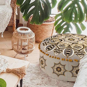 Sophia Art Round Floor Pillow Cover - Vintage Indian Patchwork Pouf Ottoman, 40 Inch, Lemon Yellow