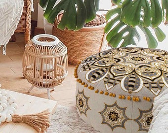 Embroidered Cotton Pouf Cover – Mandala Boho Round Floor Pillow for Living Room