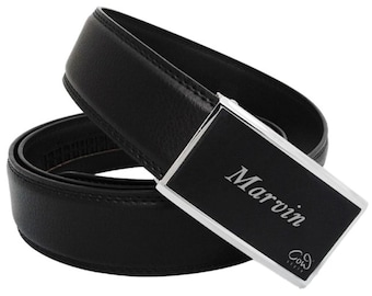 Men's leather belt in black with engraving