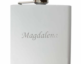 personalized flask made of stainless steel in white, can be personalized with name, date or logo