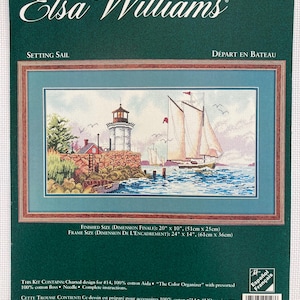 May include: A counted cross-stitch kit by Elsa Williams, titled "Setting Sail." The kit features a framed nautical scene with a lighthouse, sailboat, and coastal landscape. Finished size is 20" x 10" (51cm x 25cm).