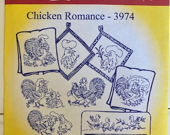 Chicken Romance #3974 Aunt Martha’s Hot Iron Transfer Embroidery Designs for Wall Art Pillows Clothing Blanket Tote NEW
