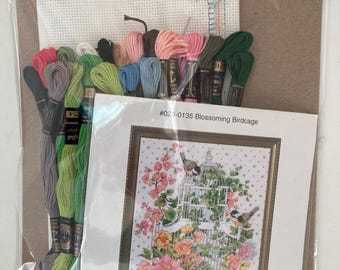 RE KIT Blossoming Bird Cage Counted Cross Stitch - By Linda Gillum 1990 Like Bucilla #40510. Janlynn 023-0135 Kooler Design Studio KDS-2535