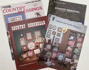 Country Cross Stitch Pattern Booklets Set of 4 Vintage 1980’s Sayings Verses Scenes Samplers OOP