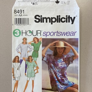 May include: Simplicity pattern number 8491 for sportswear, featuring four different styles of women's tops. The pattern includes instructions for making a short-sleeved, loose-fitting top with a scoop neck, a long-sleeved top with a round neck, a sleeveless top with a scoop neck, and a short-sleeved top with a round neck. The pattern is available in sizes XS-MD.