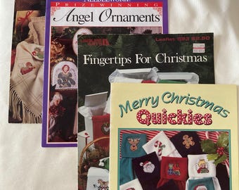 Christmas Themed Counted Cross Stitch Booklets Set of Four Vintage 1980s 1990s Ornaments Blanket Towels Socks
